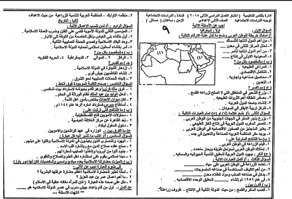 امتحان دراسات للصف الثاني الإعدادي الترم الثاني